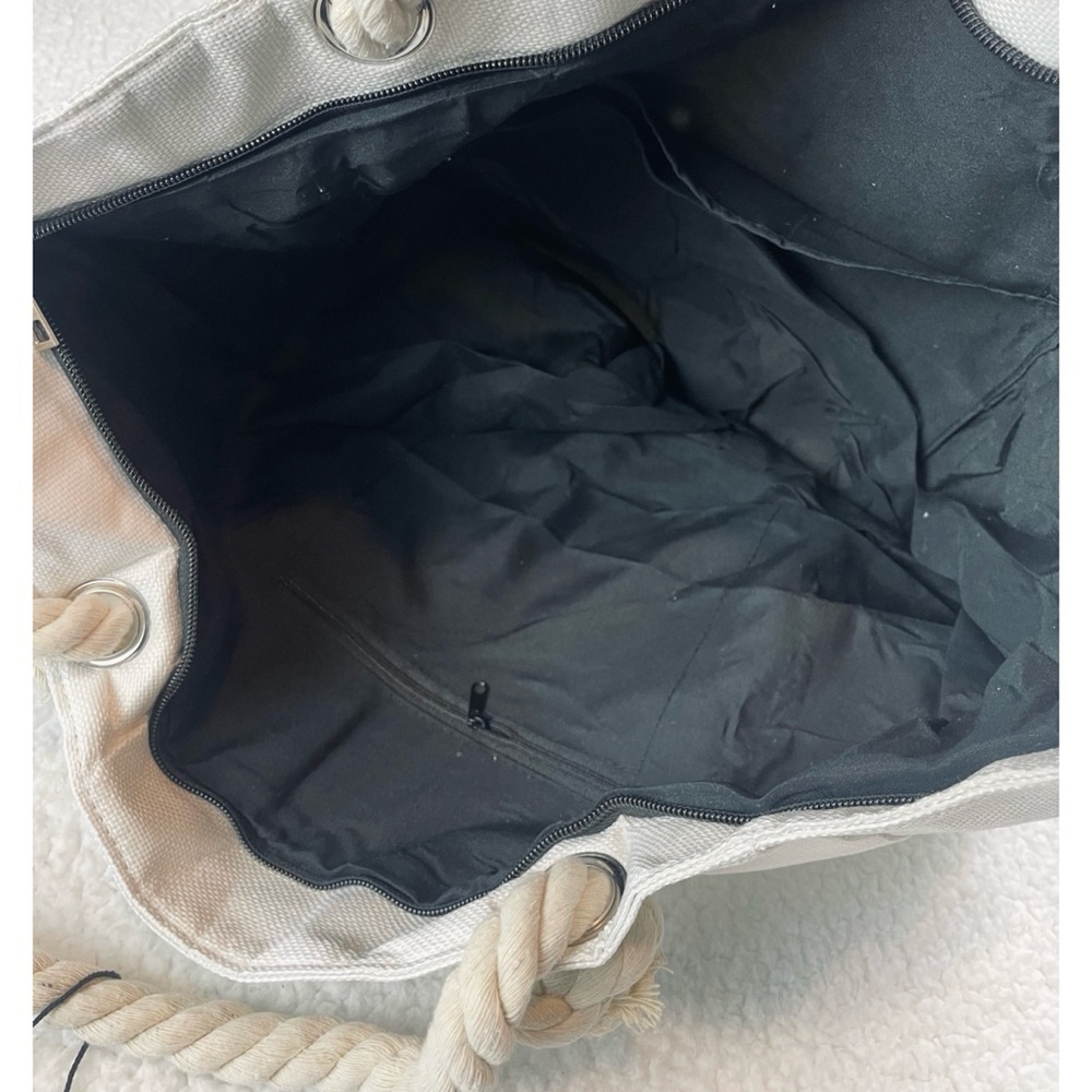 (NWT) TESALATE • Cream/Black “Hello Beaches” and Palm Trees Large Beach Tote Bag - Picture 9 of 15